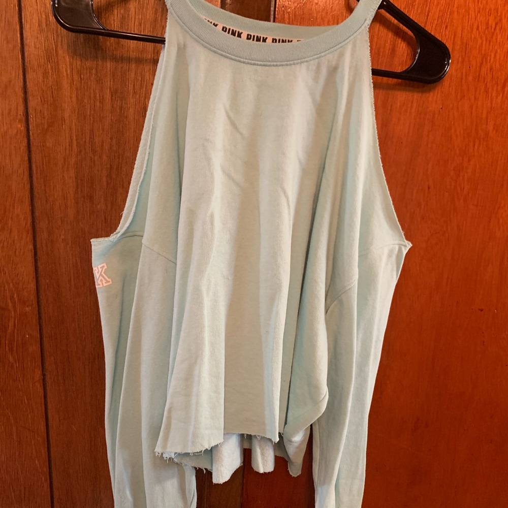 PINK baby blue off the should cropped sweater